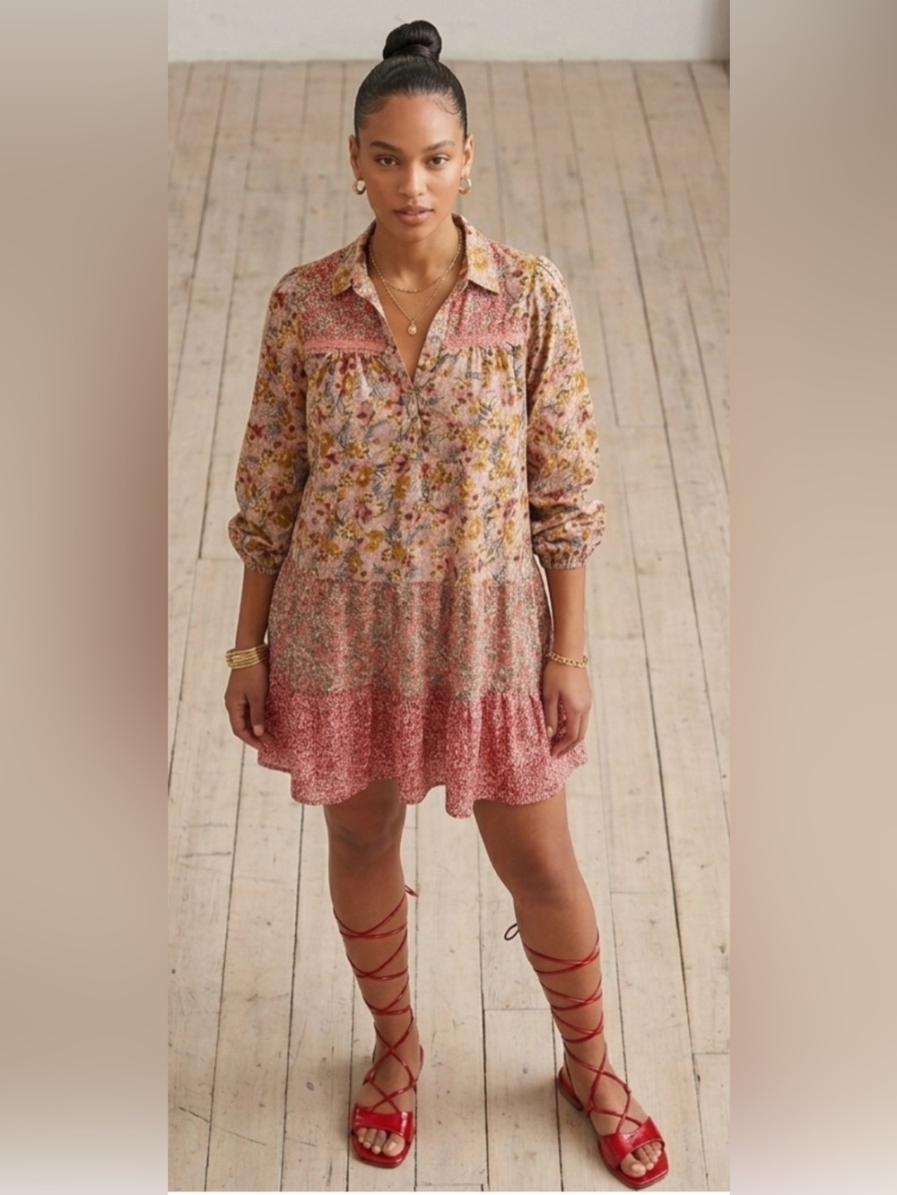 Umgee Floral Patchwork Tiered Long-Sleeve Dress- Pink, Yellow, Green